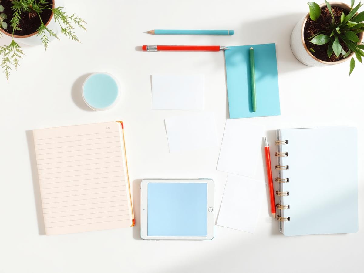 Materiales de estudio ordenados en una mesa luminosa