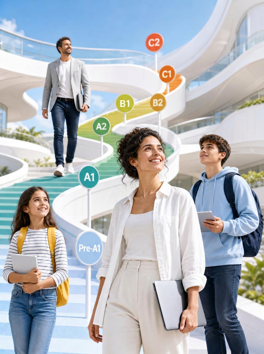 Estudiante con un portátil en una arquitectura blanca y luminosa, con una niña, un adolescente y un profesional con una carpeta arriba a la izquierda entre C1 y C2, subiendo por la cinta de niveles del Pre-A1 al C2