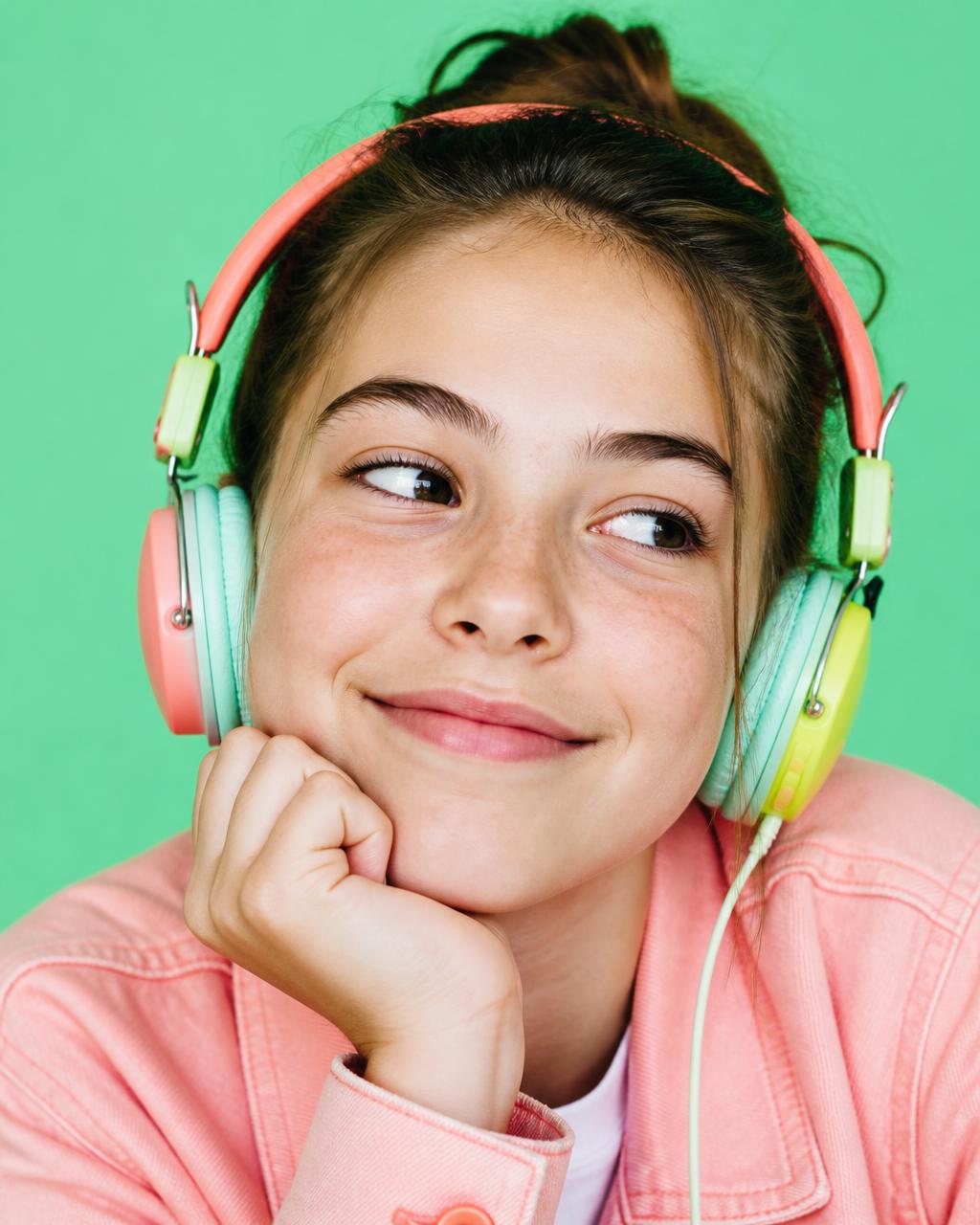 Adolescente con auriculares de colores sonriendo sobre fondo menta