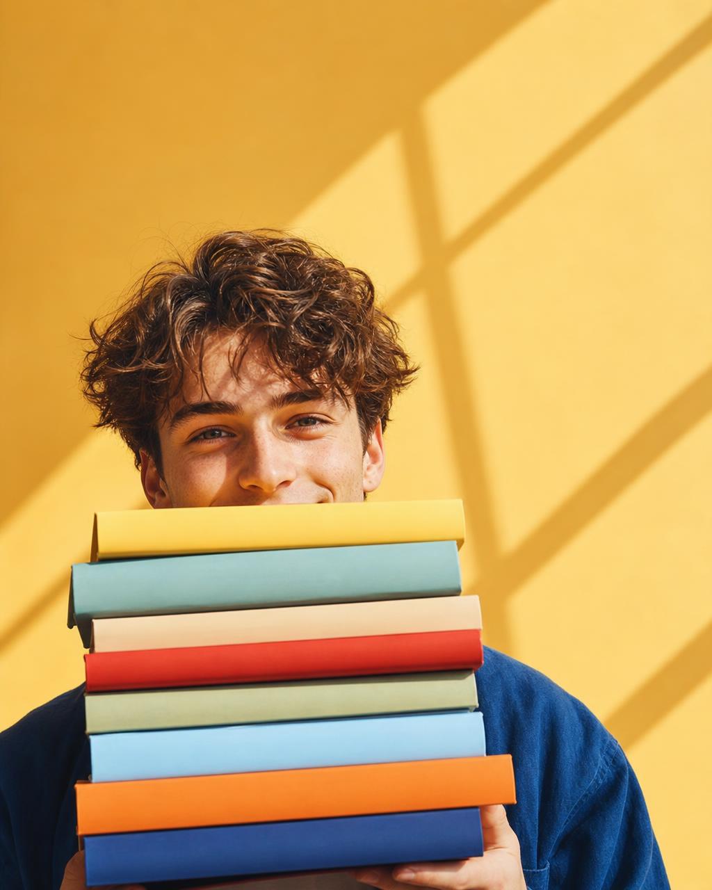 Estudiante sonriente detrás de una pila de libros sobre fondo amarillo cálido